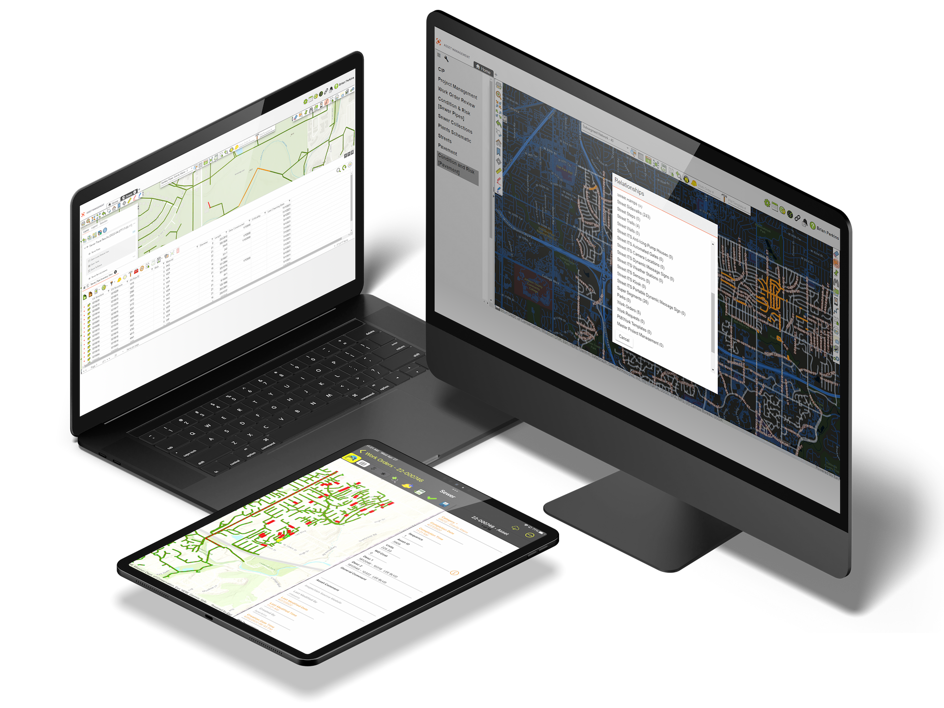 A desktop, laptop and tablet display different views of CentralSquare's versatile Enterprise Asset Management solution.