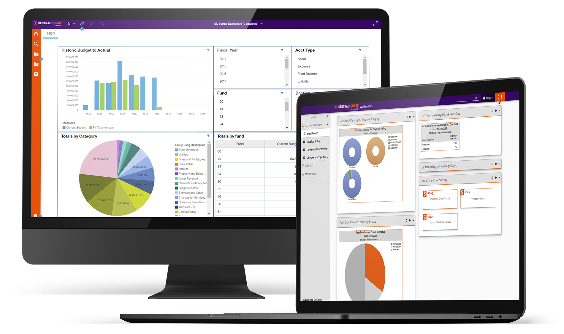 A desktop and laptop screen sit sit by side, both displaying data charts inside of CentralSquare's Analytics solution for public adminstration.