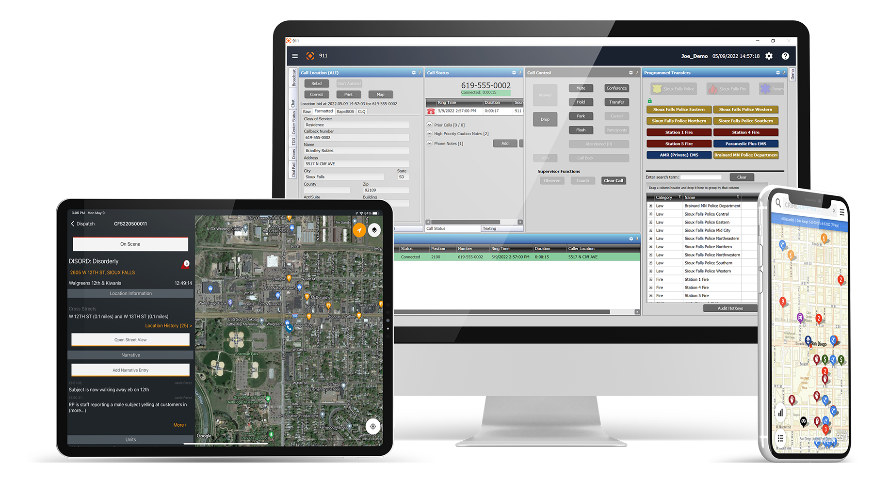 An image showing CentralSquare's Public Safety Suite on a desktop, tablet and mobile phone.