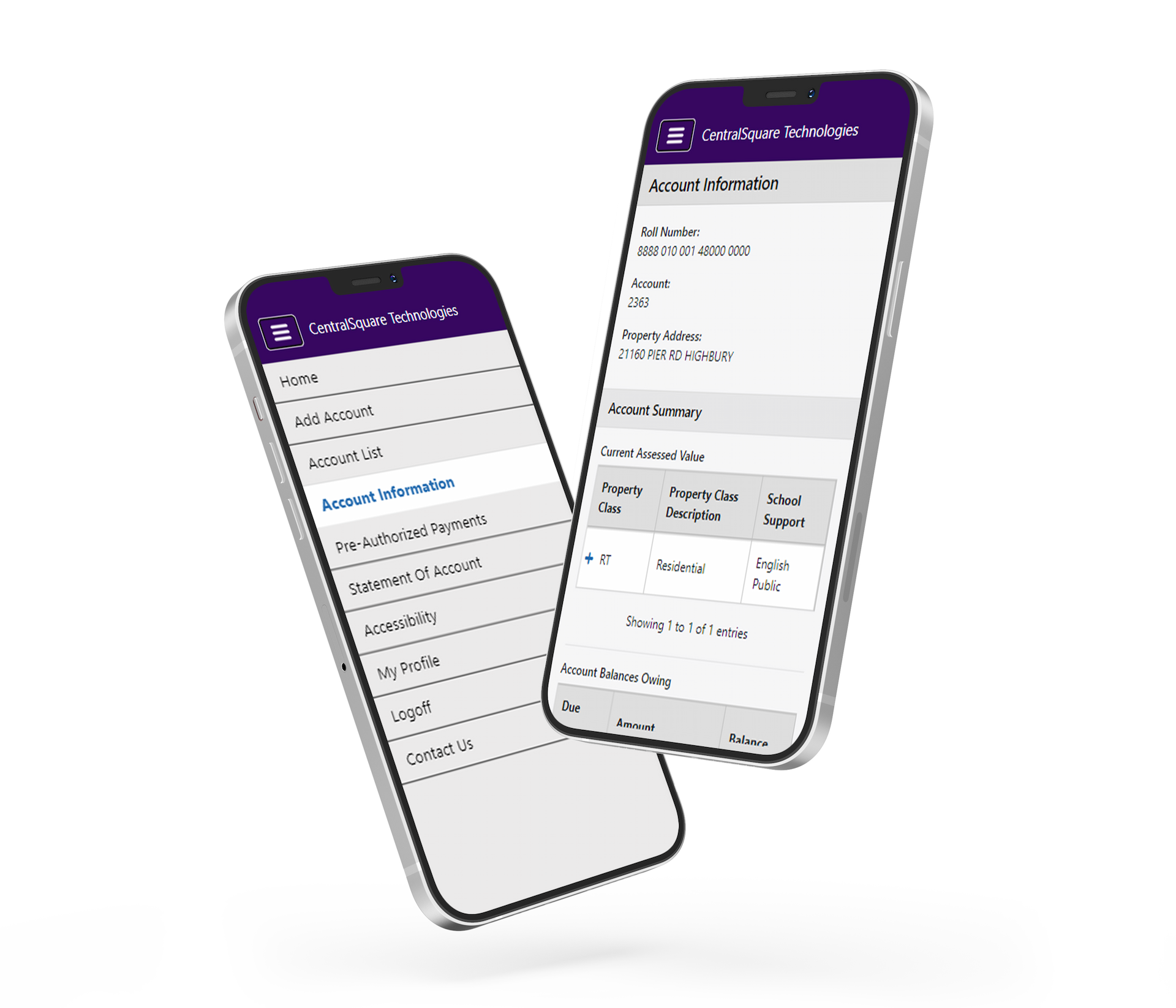 Two mobile phones display different views of CentralSquare's Property Tax mobile solution.