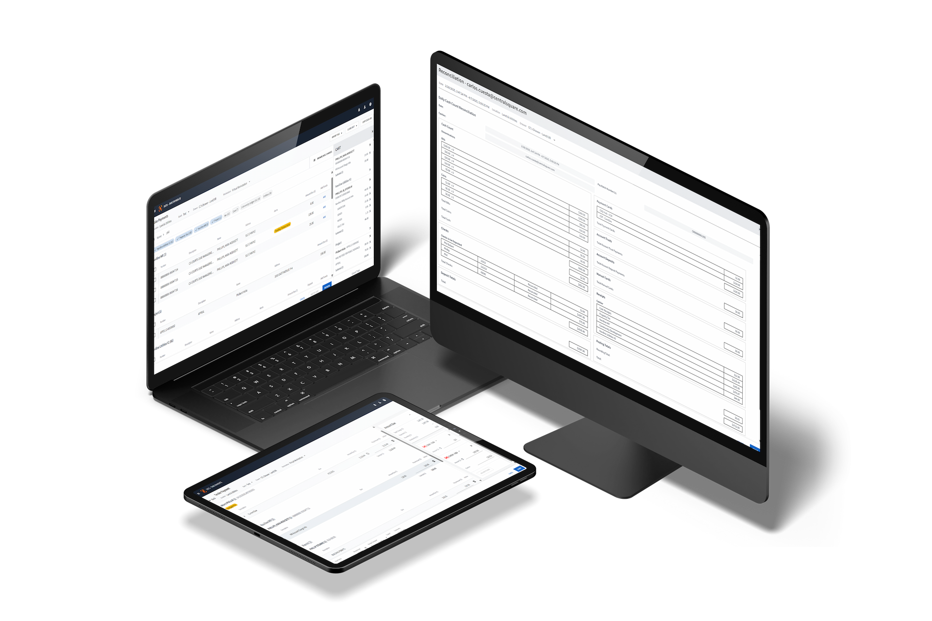 CentralSquare Cash Receipts payments and transactions mockups on desktop, iPad, and laptop
