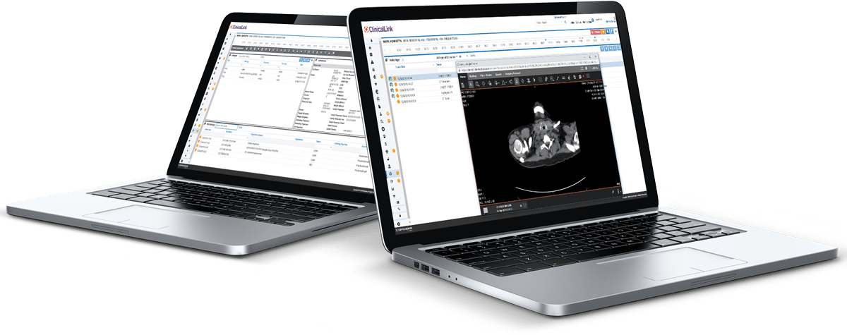 Two laptops with mockups of ClinicalLink.